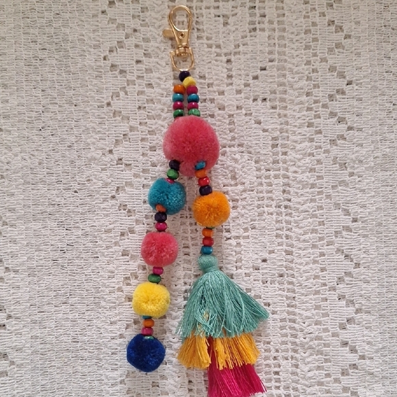 Colorful Pom Pom Keychain with Tassels - Picture 1 of 4
